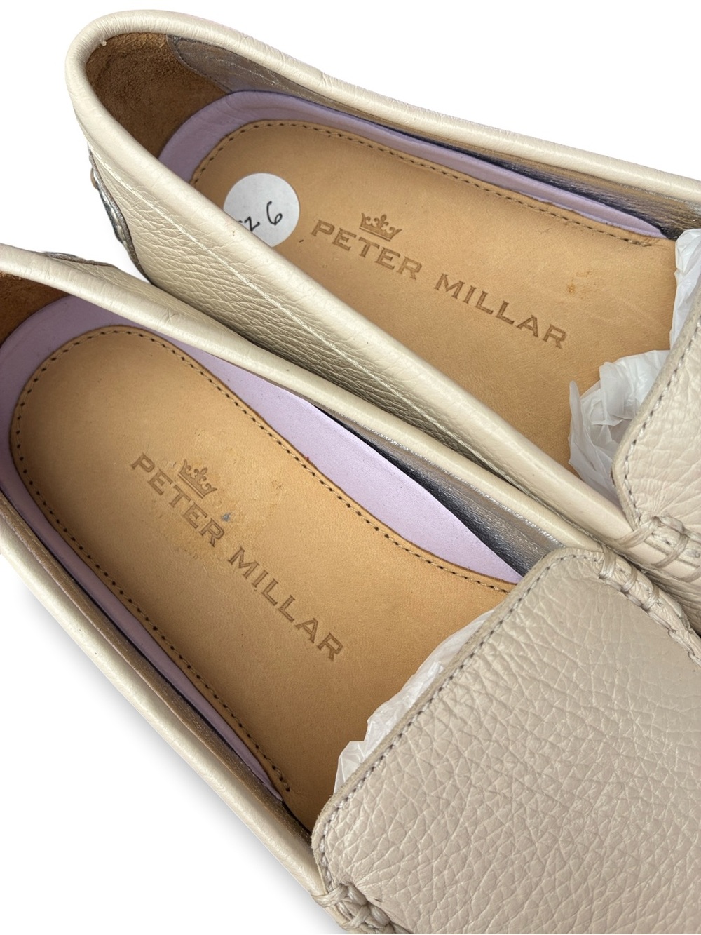 Peter Millar cream/ silver pebbled leather driving moccasins. New. Sz 6 - Picture 11 of 15